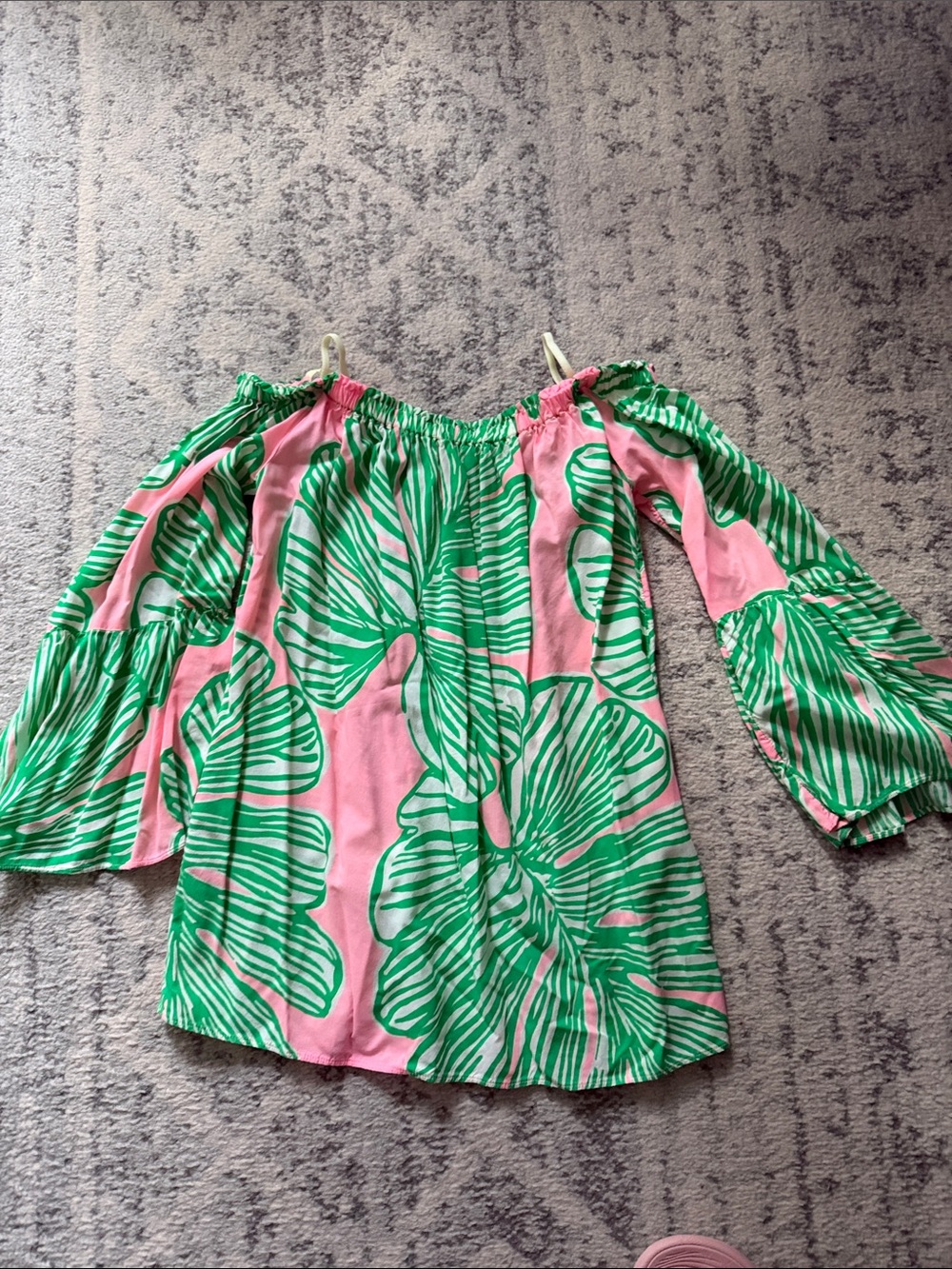Pink Off-Shoulder Top with Green Tropical Leaf Print Lily Pulitzer